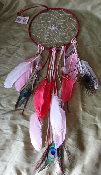 NWT Peacock Feather Dreamcatcher Red Hanging Wall Accent Decorative Boho Decor