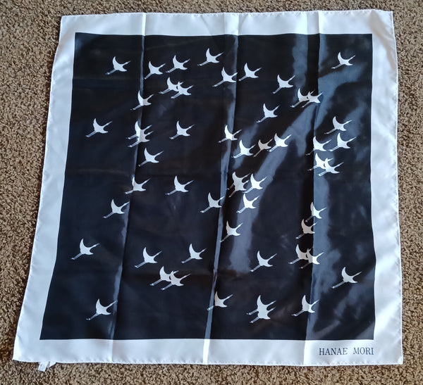 Vintage HANAE MORI Black & White Bird Silky Hankerchief Scarf