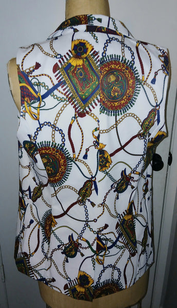 OVI Large Blue, Gold & White Sleeveless Roman Print Jacket Vest