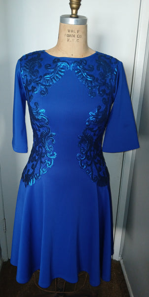 Women's Large TADASHI SHOJI Blue Embroidered Shimmer Dress