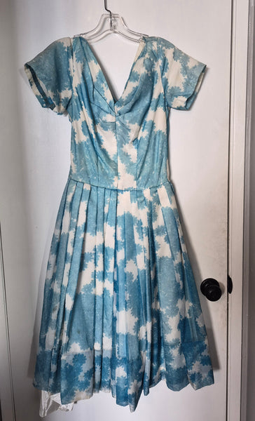 Women's XS Vintage 1930's Blue & White Handmade Floral Chiffon Dress (Needs Repair)