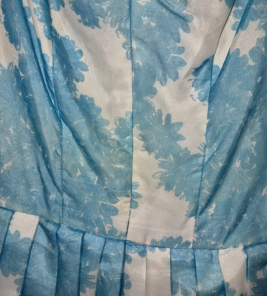 Women's XS Vintage 1930's Blue & White Handmade Floral Chiffon Dress (Needs Repair)