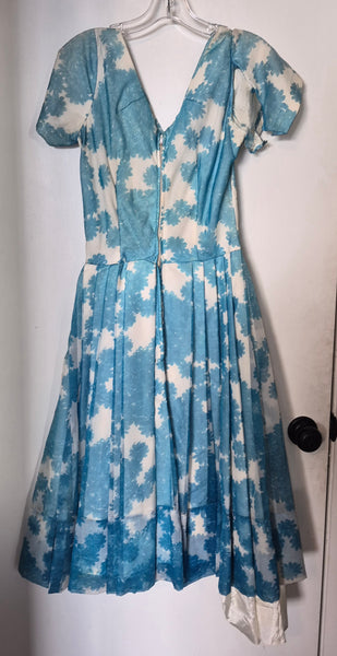 Women's XS Vintage 1930's Blue & White Handmade Floral Chiffon Dress (Needs Repair)