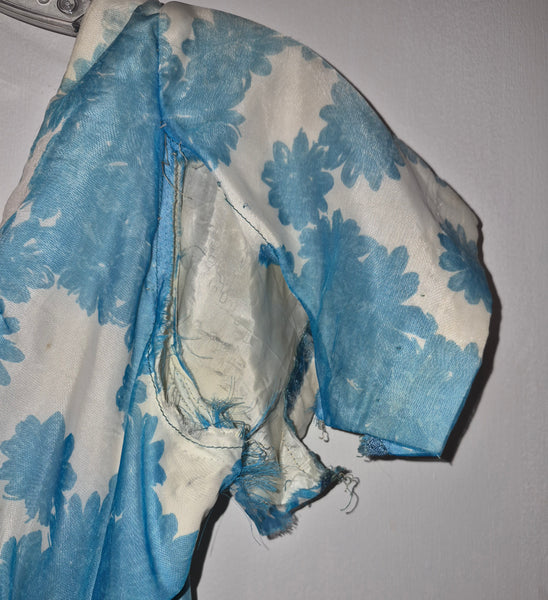 Women's XS Vintage 1930's Blue & White Handmade Floral Chiffon Dress (Needs Repair)