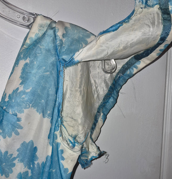 Women's XS Vintage 1930's Blue & White Handmade Floral Chiffon Dress (Needs Repair)