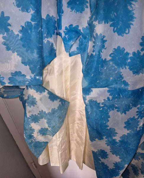 Women's XS Vintage 1930's Blue & White Handmade Floral Chiffon Dress (Needs Repair)