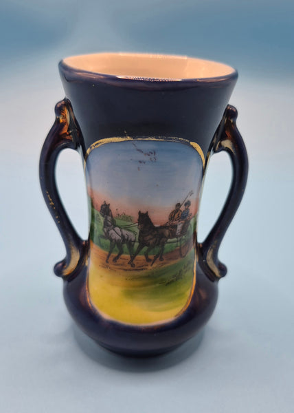 Miniature Blue Pottery Horse & Carriage Bud Vase