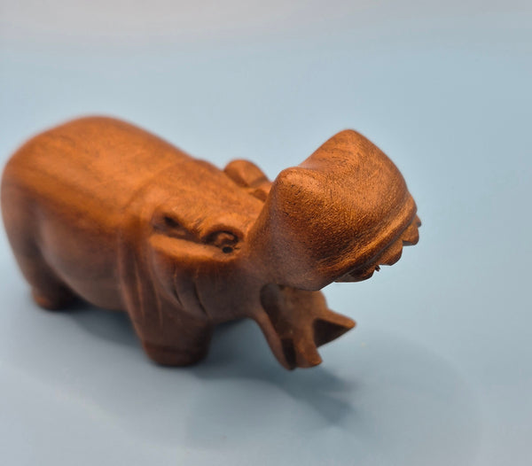 Vintage Miniature  Thai Hand Carved Wood Hippopotamus Figurine Statue