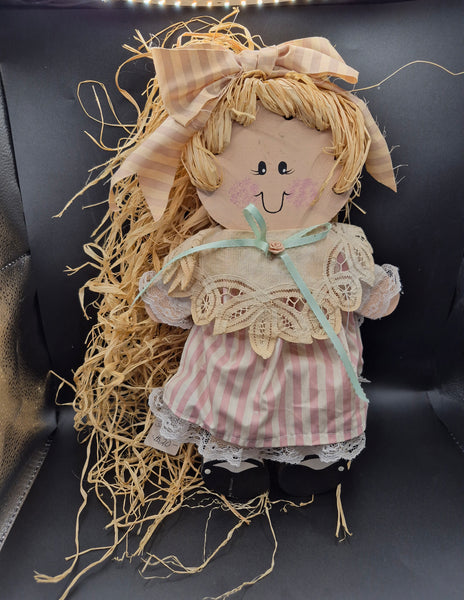 Vintage Straw Hair Wood Shelf Sitting Doll Grandmacore Cottagecore Decor Figurine