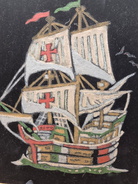 Vintage 70s Black Velvet Pirate Ship Art Unframed Nautical Wall Decor Ocean Theme