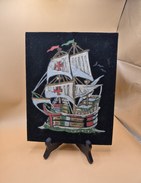 Vintage 70s Black Velvet Pirate Ship Art Unframed Nautical Wall Decor Ocean Theme