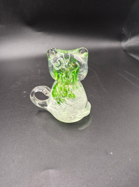 Green Clear Blown Glass Speckled Cat Paperweight Figurine Decorative Desk Accent