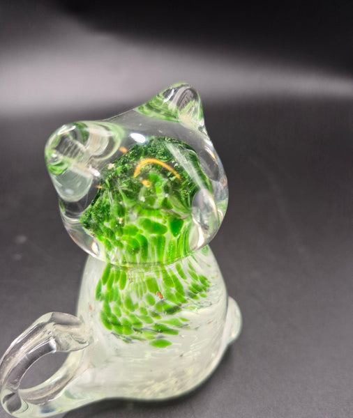 Green Clear Blown Glass Speckled Cat Paperweight Figurine Decorative Desk Accent