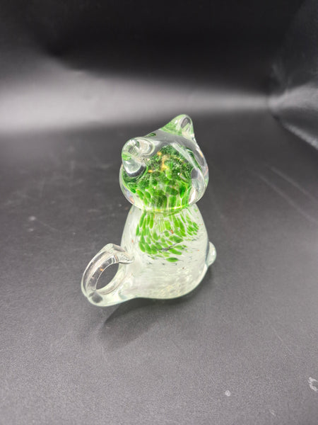 Green Clear Blown Glass Speckled Cat Paperweight Figurine Decorative Desk Accent