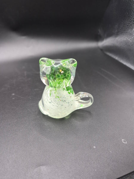 Green Clear Blown Glass Speckled Cat Paperweight Figurine Decorative Desk Accent