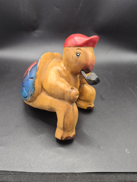 Wood Carved 6" Vintage Fishing Turtle Shelf Sitter (Missing Pole)