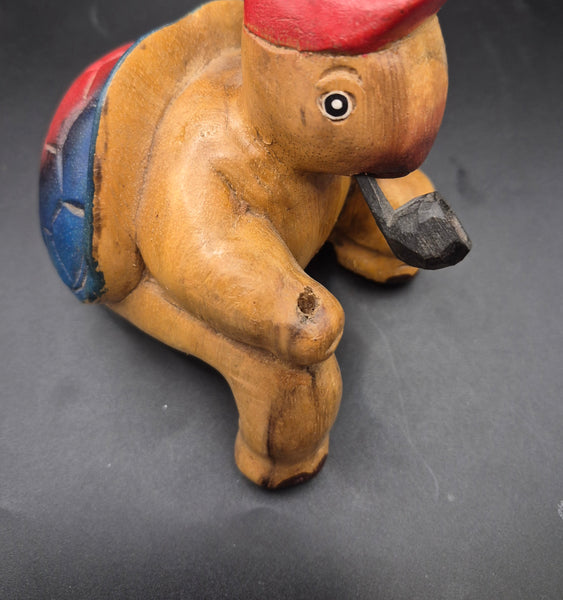 Wood Carved 6" Vintage Fishing Turtle Shelf Sitter (Missing Pole)