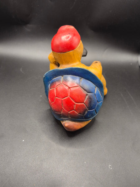 Wood Carved 6" Vintage Fishing Turtle Shelf Sitter (Missing Pole)