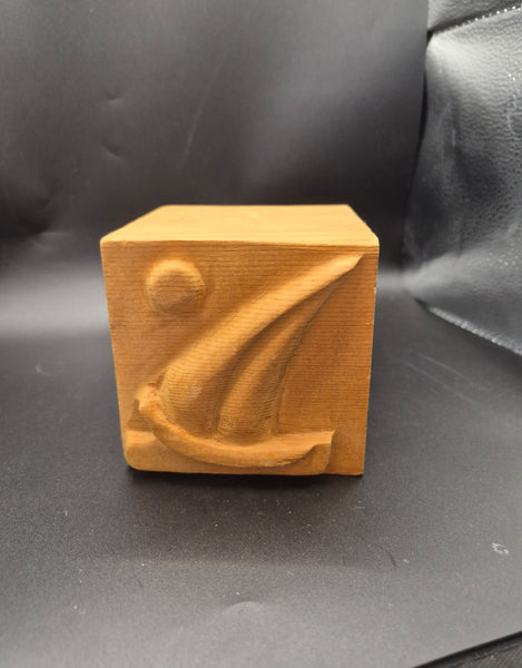 Vintage Wood Block with Sailboat Carving Coastal Nautical Rustic Beach Home Decor
