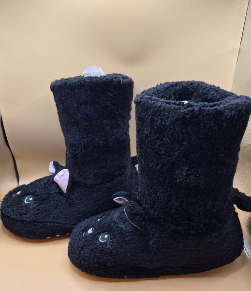 H&M Girls Size 4 4.5 Black Cat Plush Fuzzy Slipper Boots Cozy Cute Kids Shoes