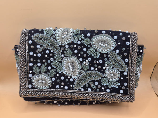 Anthropologie White Beaded & Sequin Embroidered Black Embellishments Clutch Purse