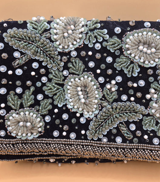Anthropologie White Beaded & Sequin Embroidered Black Embellishments Clutch Purse