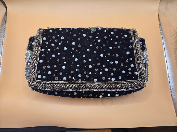 Anthropologie White Beaded & Sequin Embroidered Black Embellishments Clutch Purse