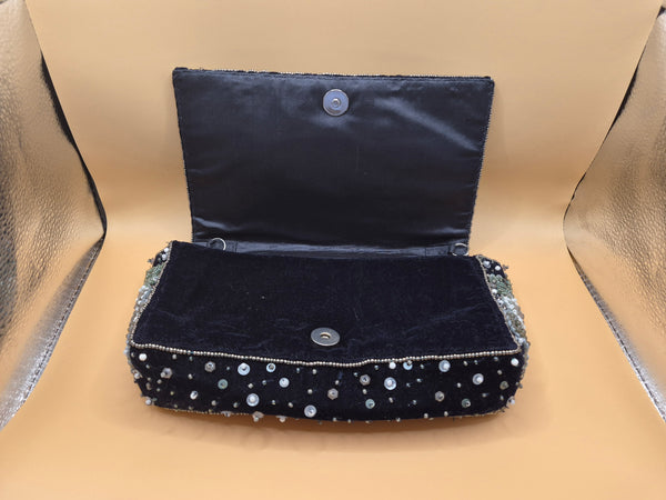 Anthropologie White Beaded & Sequin Embroidered Black Embellishments Clutch Purse