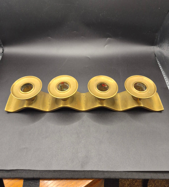 Mid Century Modern Wavy Brass Four Slot Candle Holder