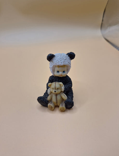 SATIS-5 Ceramic Baby in Panda Costume Figurine With Teddy Bear Cute Decorative Figurine