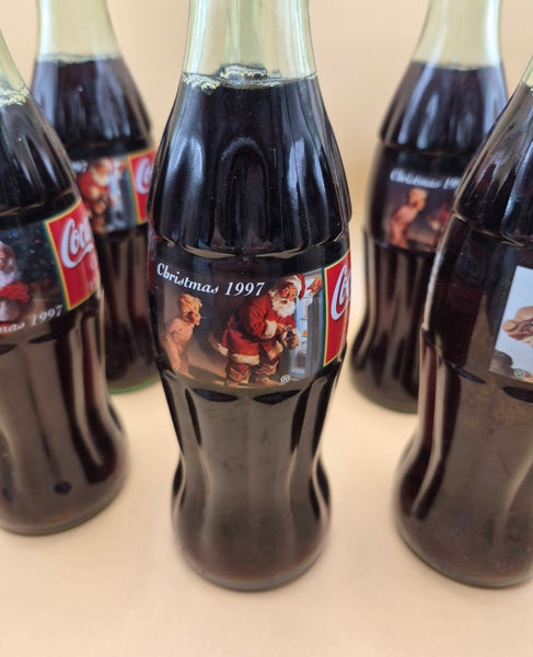 Vintage 1997 Coca Cola Coke Christmas Santa 6 Glass Bottle Set Collectible Lot