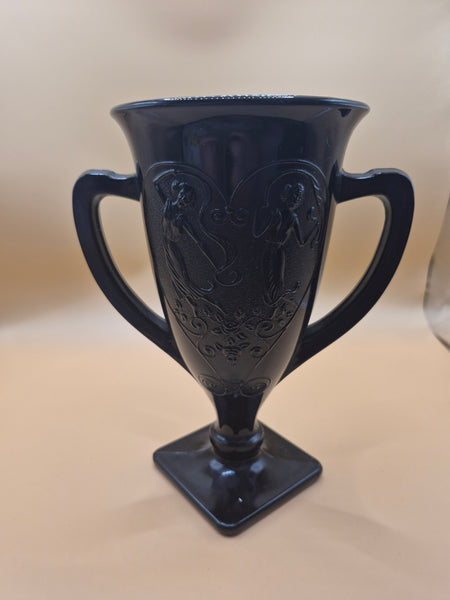 Vintage L E Smith Art Deco 7" Black Amethyst Dancing Nymphs Glass / Vase / Cup