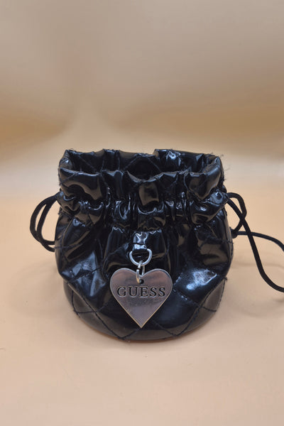 Black Quilted GUESS Drawstring Mini Purse Small Pouch Style Bag Heart Charm Design