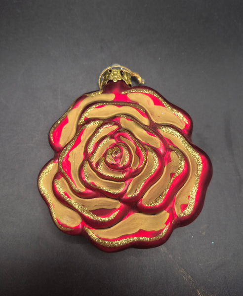 Vintage West Germany Hand Painted Red & Gold Rose Glass Christmas Ornament