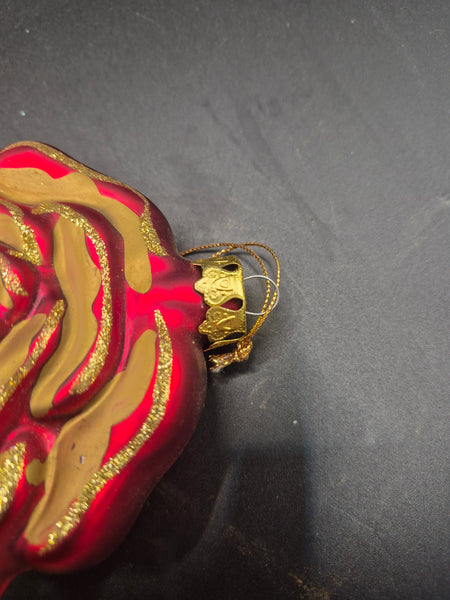 Vintage West Germany Hand Painted Red & Gold Rose Glass Christmas Ornament