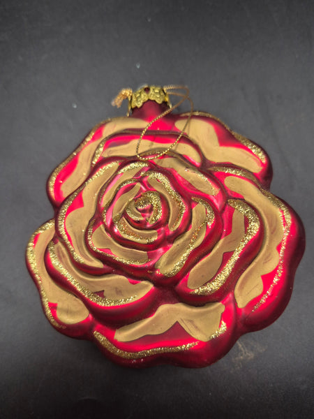 Vintage West Germany Hand Painted Red & Gold Rose Glass Christmas Ornament