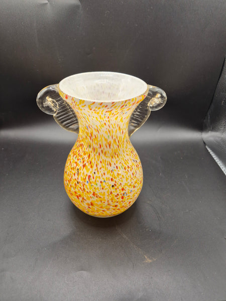 Vintage Czech Speckled Yellow Hand Blown Glass Vase