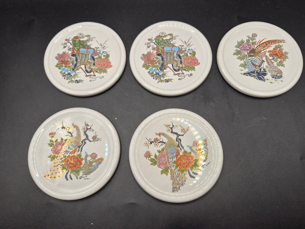 Set of 5 Porcelain Chinese Bird Coasters in Box