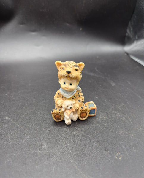 Satis‑5 Ceramic Baby in Tiger Costume with Teddy Bear  Cute Decorative Figurine