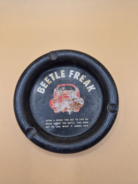 VW Collectible Vintage "Beetle Freak" Black Tin Ashtray (Worn)