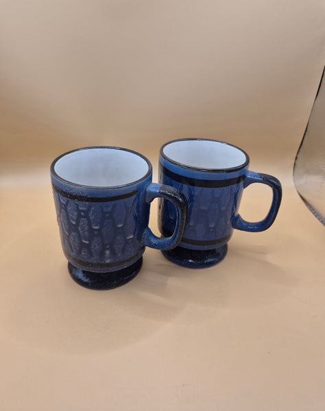Set of 2 Vintage Circa 1970 Blue Ceramic Handpainted Pedestal Coffee Mug Kitchen