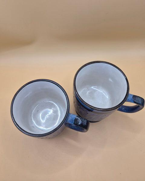 Set of 2 Vintage Circa 1970 Blue Ceramic Handpainted Pedestal Coffee Mug Kitchen