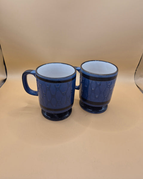 Set of 2 Vintage Circa 1970 Blue Ceramic Handpainted Pedestal Coffee Mug Kitchen