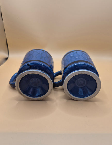 Set of 2 Vintage Circa 1970 Blue Ceramic Handpainted Pedestal Coffee Mug Kitchen
