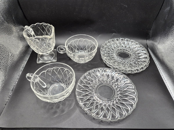 Vintage 6 Piece Indiana Pretzel Depression Glass Set Clear Pattern Tableware Set