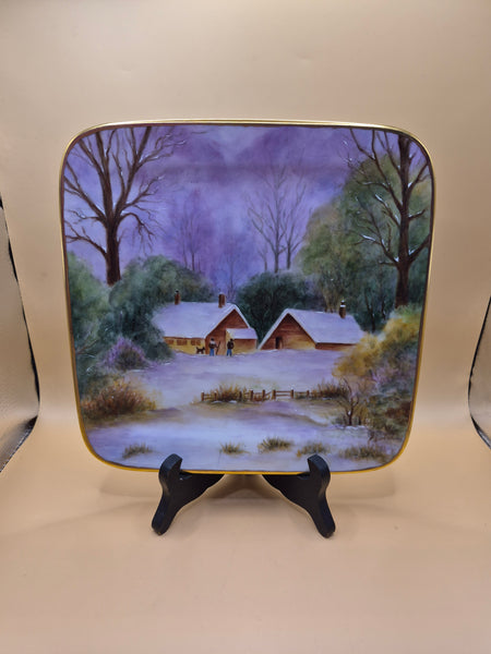 HMT Winter Landscape Decorative Plate Gold Rim Snowy Cabin Scene Collectible