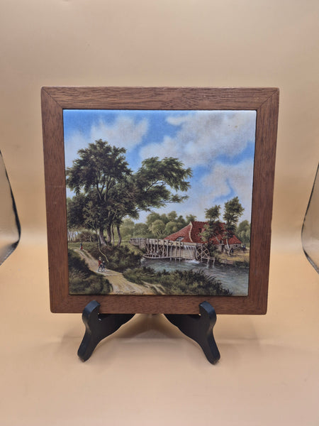 J.C. Van Hunnik Dutch Countryside Water Mill Ceramic Art Tile Wall Decor Holland