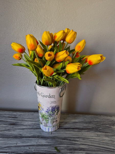 Artificial Yellow Orange Tulips Spring Floral Arrangement Farmhouse Garden Tin