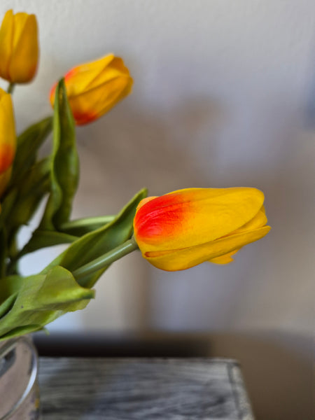 Artificial Yellow Orange Tulips Spring Floral Arrangement Farmhouse Garden Tin