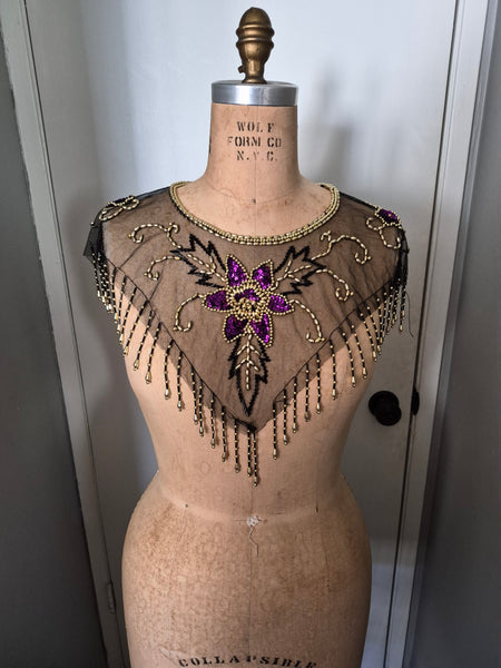 Vintage Sheer Black Neck Collar Shawl Gold Beads Purple Sequins